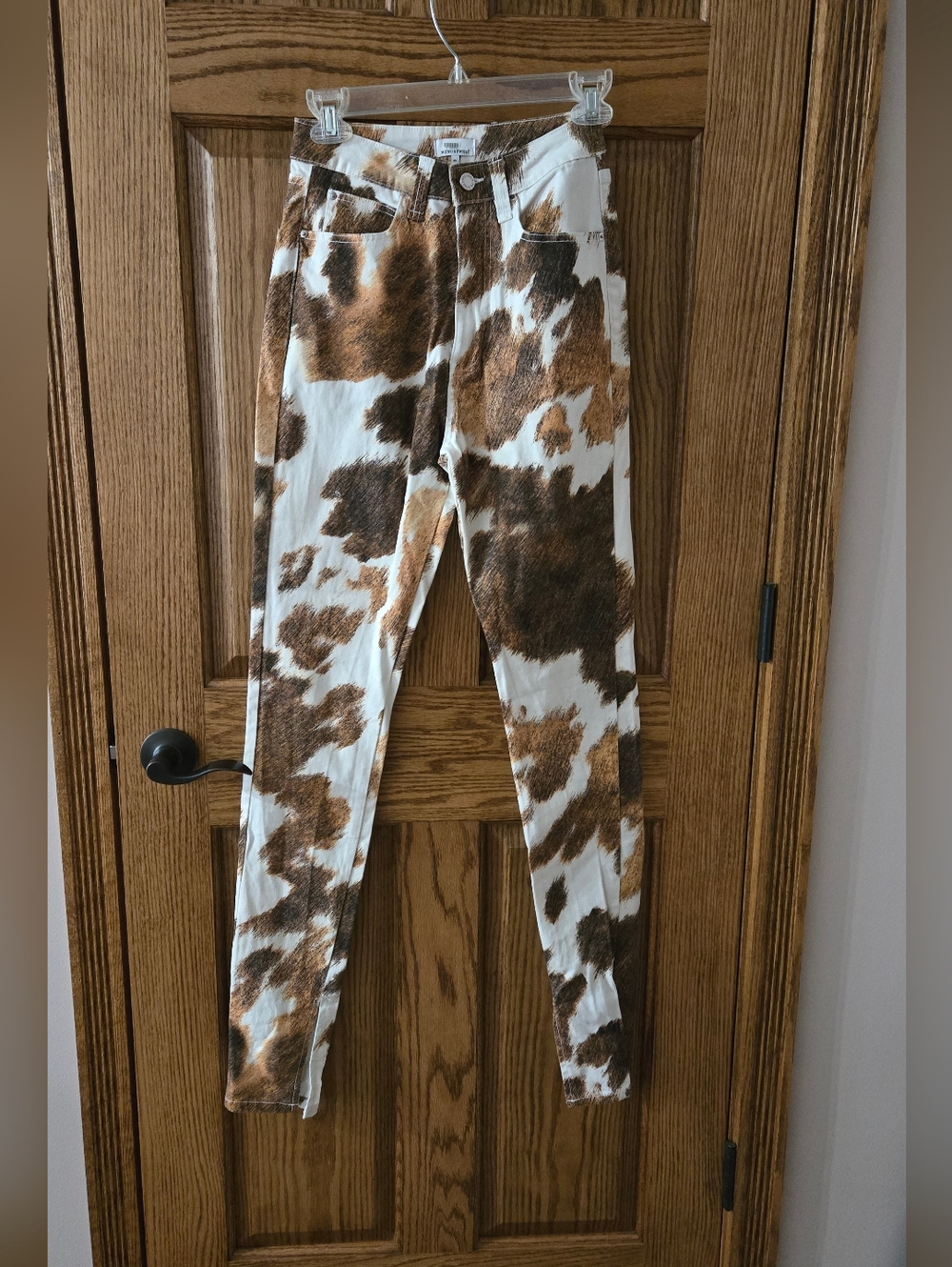 WeWoreWhat Cowhide Print Stiletto Slit Jeans - Picture 1 of 7